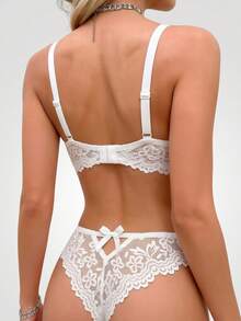 1 Set White Women's Lace Bra And Panty Set, Floral Wavy Trim, V-Neck, Adjustable Straps, Bow Back, Sexy Lingerie Set - White - View 3