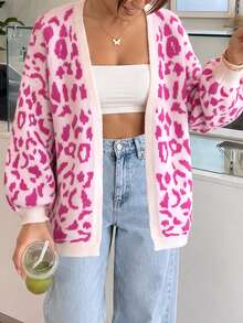 Plus Size Ladies Leopard Knit Cardigan Open Front Long Sleeve Sweater Autumn Winter Commuter Workwear Outerwear Tops - Multicolor - View 3