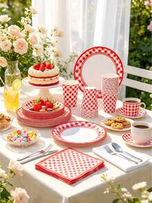 68 Piece Set, Red Grid Theme, 7-Inch Paper Tray, 9-Inch Paper Tray, Tissues, Paper Cups, Plates, Party Trays, Such As Anniversaries, Birthday Parties, Afternoon Tea, Weddings, Receptions, Parties, Picnics, Camping, Barbecues, Etc. - Multicolor - View 2