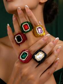 1pc Exaggerated Vintage Elegant Rhinestone Inlaid Acrylic Ring For Women, Suitable For Party, Banquet And Daily Wear - Red - View 1