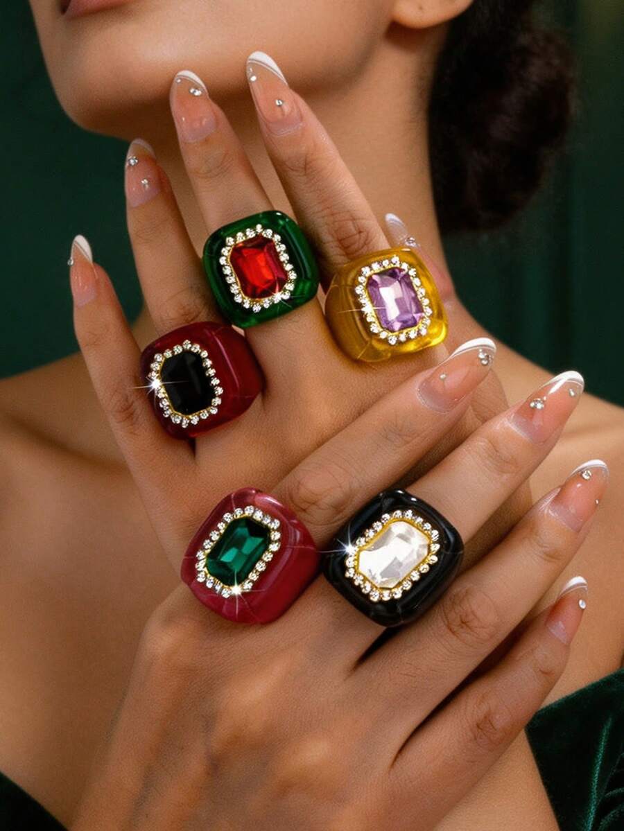 1pc Exaggerated Vintage Elegant Rhinestone Inlaid Acrylic Ring For Women, Suitable For Party, Banquet And Daily Wear - Red - View 1