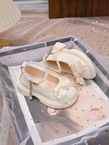 Girls' Bow & Pearl Anklet Decor Mary Jane Shoes, Princess Shoes, Birthday Party Dress Performance Versatile Shoes - Beige - View 4