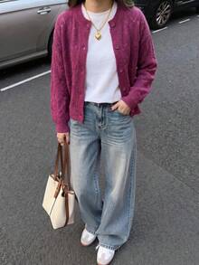 Magenta Diamond Hollow Knit Cardigan, Women Round Neck Long Sleeve Button Front Cropped Sweater - Red Violet - View 4