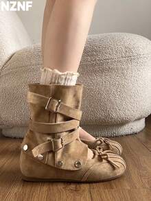 NZNF Thick Sole Removable Height-Increasing 2-Way Wear Ballet Boots Women 2026 French Sweet Bow Slimming Slouch Boots - Apricot - View 4