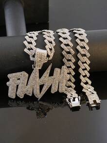European & American Hip Hop FLASH Letter Pendant Cuban Chain Men's Necklace, Full Rhinestone Shiny Personalized Street Style Rap Party Collarbone Chain Fashion Jewelry - FLASH - View 11