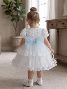 Baby Girls Lace Embroidered Mesh Cute Elegant 1st Birthday Dress Suitable For Girls 0-3 Years Old Birthday Gift Banquet School Stage Performance Outfit Wedding Flower Girl Dress - White - View 4