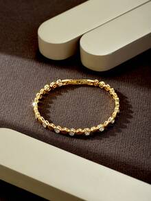 1pc Soft Elegant Continuous Round Zirconia Tennis Bracelet, Glossy Gold Plated Wrist Accessory For Date, Evening Party And Formal Occasions - Gold - View 5