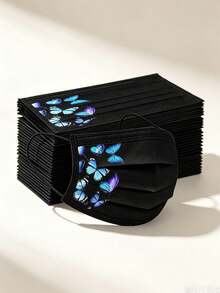 20/30PCS Adult Colorful Butterfly Print Black Disposable Face Masks, 3-Ply Spunbond Non-Woven Fabric Skin-Friendly Breathable Protective Face Cover, Fashionable Personalized Print, Outdoor Travel Daily Dust-Proof Sun Protection - Multicolor - View 4