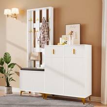 Wardrobe Set With Shoe And Cushion, Wardrobe Front With Hooks, Shoe Cabinet With Drawers And - White + MDF - View 2