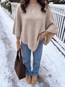 GLAMMY Autumn/Winter Commute Daily Cute Casual Khaki Cape Knit Top For Women, Asymmetrical Hem Fall - Khaki - View 5