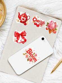 50Pcs PP Strawberry Love Garden Stickers, Romantic Strawberry Garden Style, Including Strawberries, Love Letters, Red Roses, Desserts Elements, For Journal Collage, Water Bottle, Luggage, Skateboard, Tablet, Notebook, Storage Box, DIY Craft Decor - Multicolor - View 7