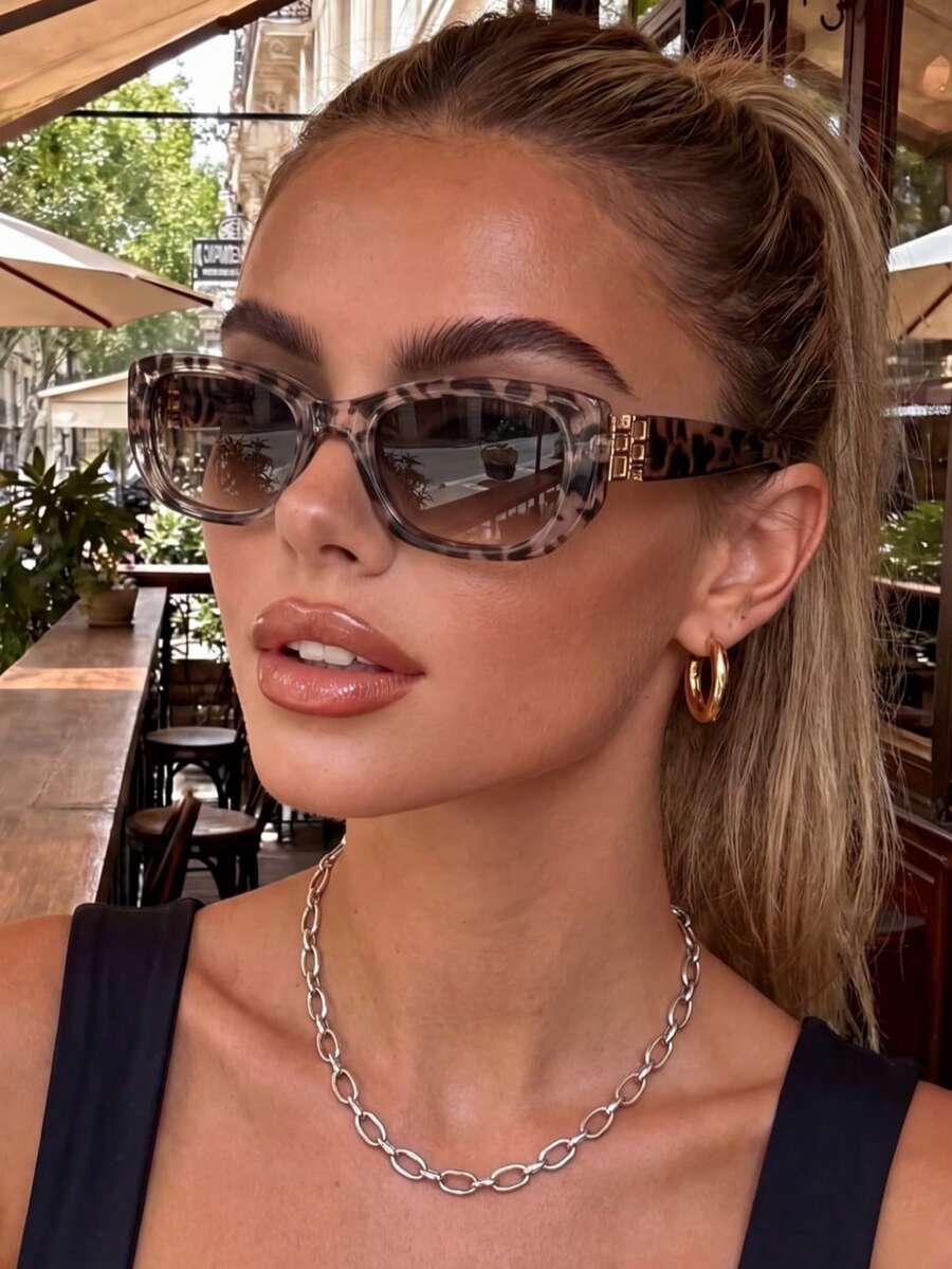 1 Pair Women's Fashion Geometric Pattern Sunglasses, Fusion Of Vintage Style And Modern Design, Suitable For Vacation, Party, Daily Outings, Fits All Face Shapes. - 1pc White Bean Flower Double Tea - View 1