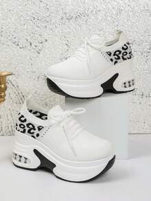 Women Platform Sneakers, Lace Up, Wedge Sole, Low Top Design - White - View 1