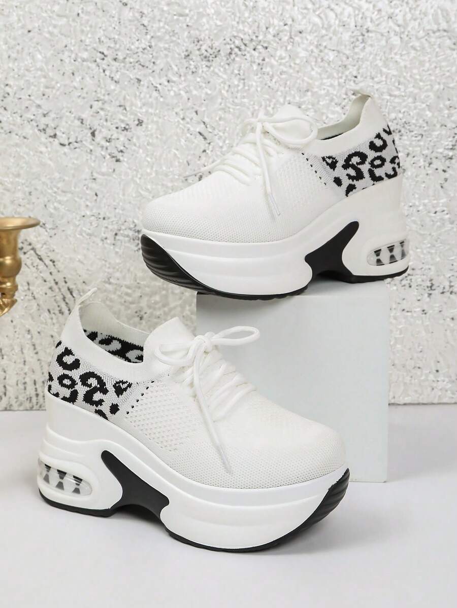 Women Platform Sneakers, Lace Up, Wedge Sole, Low Top Design - White - View 1