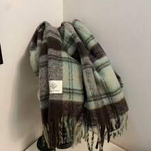 Women's Winter Fleece Flannel Scarf - Thick Warm Plaid Color Block Shawl, Elastic Soft Texture, Street Style Versatile Casual Essential For Outings, Fashion Accessory - 02-light Green Coffee - View 6