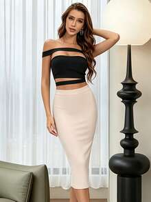 Women's Elegant Fitted Mid-Length Pencil Skirt With Bandage Slit Detail And Back Zipper - Apricot - View 6