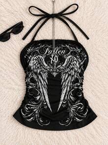 Women's Black Angel Wing Print Spaghetti Strap Top, Y2K Ruched Camisole - Black - View 1
