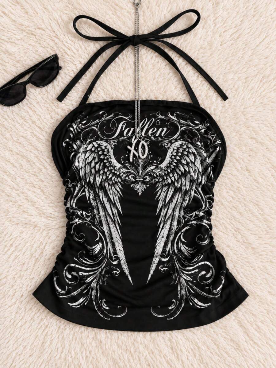 Women's Black Angel Wing Print Spaghetti Strap Top, Y2K Ruched Camisole - Black - View 1