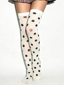 1 Pair Vintage Y2K Sweet Gothic Semi-Sheer Polka Dot Print Over-The-Knee Long Socks For Women, Casual Campus Date Cosplay Outfit - White - View 3