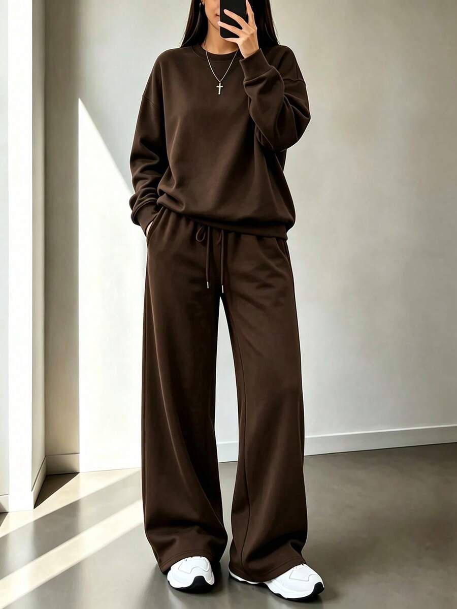 2pcs Falloutfits Women's Sports Set, Fashionable Comfortable Colorblock Jacket & Casual Pants, Suitable For Autumn/Winter - Dark Brown - View 1