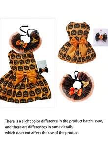 Halloween Pumpkin Print Dog Dress, Matching Bow And Ruffled Collar Set, Cute Orange And Black Halloween Costume, Lantern Pattern, Party Pumpkin Dress, Glittery Pumpkin Bow Hair Clip And Glittery Mesh Ruffled Collar - Multicolor - View 11