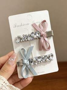 2pcs Shiny Crystal Rhinestone Pearl Bow Side Hair Clips Set, Exquisite Hair Accessories For Women, Daily And Party Wear, Gift For Girls - Multicolor - View 2