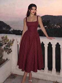 Dirp Noir Women's Elegant Plaid Square Neck Wide Strap Ruched Midi Dress, Suitable For National Day, Graduation, Back To School, Party - Burgundy - View 2