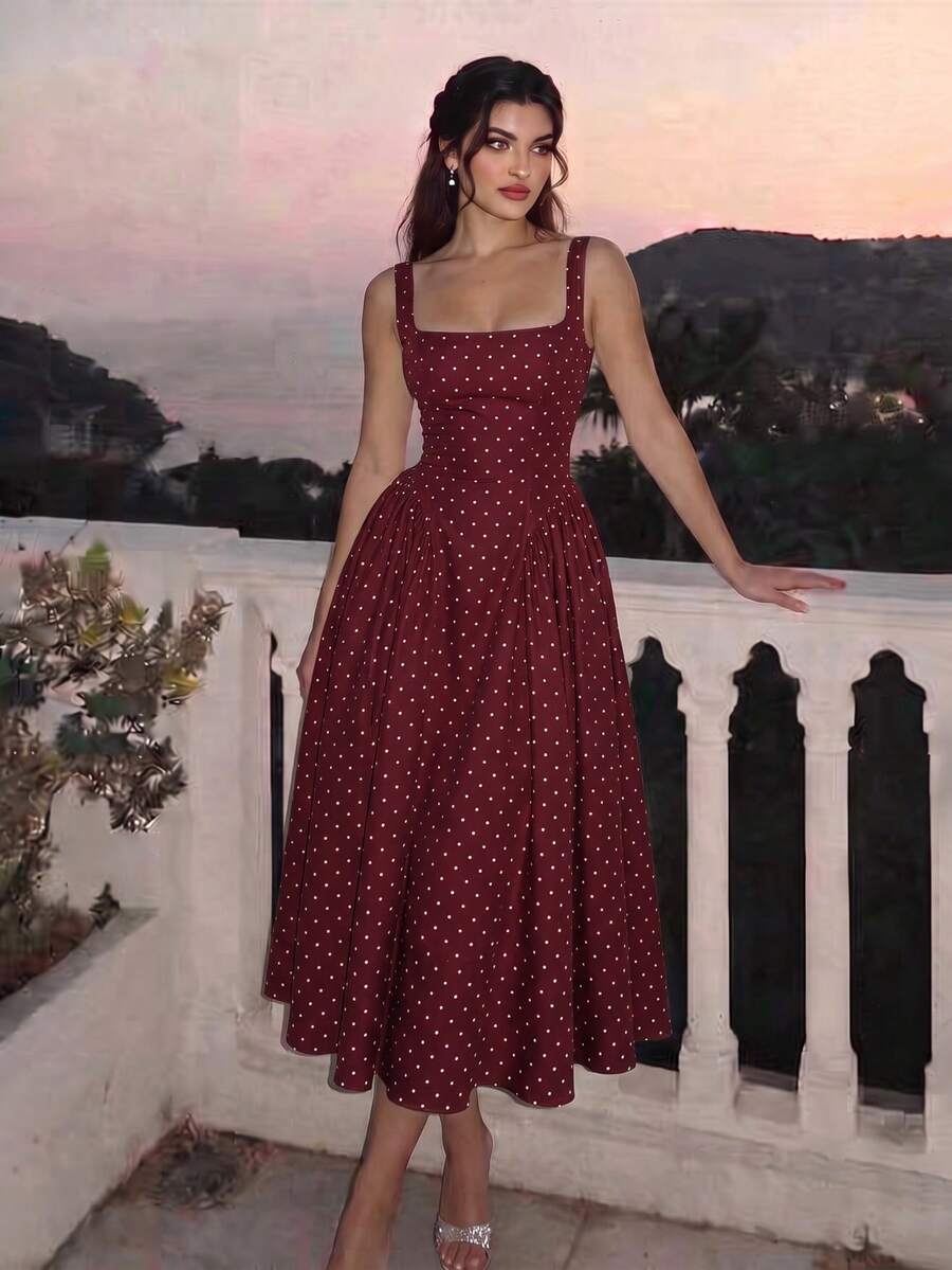 Dirp Noir Women's Elegant Plaid Square Neck Wide Strap Ruched Midi Dress, Suitable For National Day, Graduation, Back To School, Party