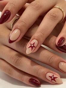 24pcs Almond Shaped Nude Wine Red French Style Nail Tips With Red Five Pointed Star Rhinestone Pattern Glossy Nail Stickers Retro Millennium Style Fake Nails That Elongate Hand Shape No Need Nail Stickers Self Adhesive Autumn And Winter Collection - Multicolor - View 2