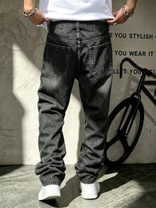 Men's Black Wide Leg Loose Straight Y2K Casual Bermuda Denim Jeans, Comfortable Breathable Denim Pants Suitable For All Seasons - Black - View 2