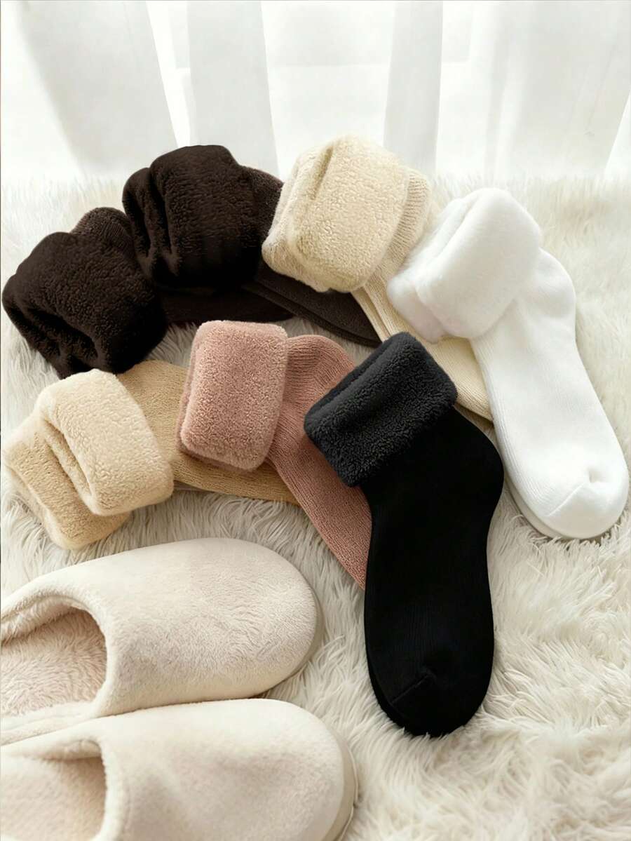 10雙隨機女款純色冬季加厚保暖休閒百搭毛圈中筒襪 - 彩色 - 查看 1