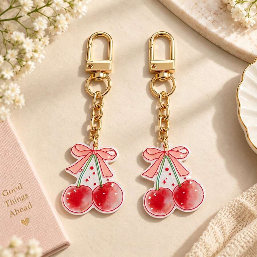 1pc/2pcs Women's Sweet Style Bow & Cherry Double-Sided Embossed Acrylic Keychain Pendant, Cute Bag Charm, Gift For Friends, Handbag Accessory - Multicolor - View 1