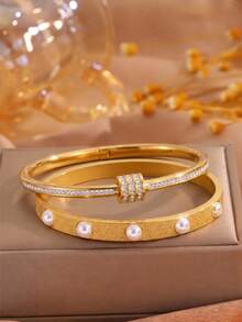 2pcsGolden Tone Stainless Steel Bangle, Dense Paved Zirconia, Elegant Stackable Wrist Ornament - Gold - View 2