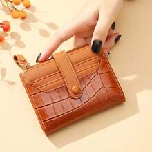 Women's Crocodile Embossed PU Short Wallet, Snap Button Multi-Card Slot Coin Purse, Portable Foldable Zipper Pocket Small Wallet, Fashionable Women's Card Holder - Multicolor - View 14