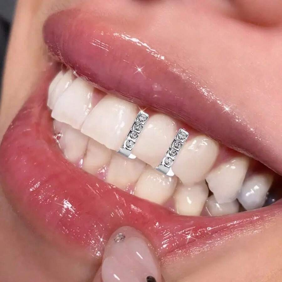 1pc Vertical Bar 4-Diamond Gold Tooth Grill, Cross-Border Trade Accessory, Cool Daily Streetwear Hip-Hop Personalized Versatile Grillz - Multicolor - View 1