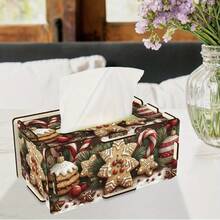 1pc Handmade Wooden Tissue Box Set - Reusable Round Decorative Storage Box With Gingerbread And Candy Cane Pattern, Christmas Holiday Home/Office Decor, DIY Craft Kit, Tissue And Small Trinket Gift Box - Multicolor - View 3