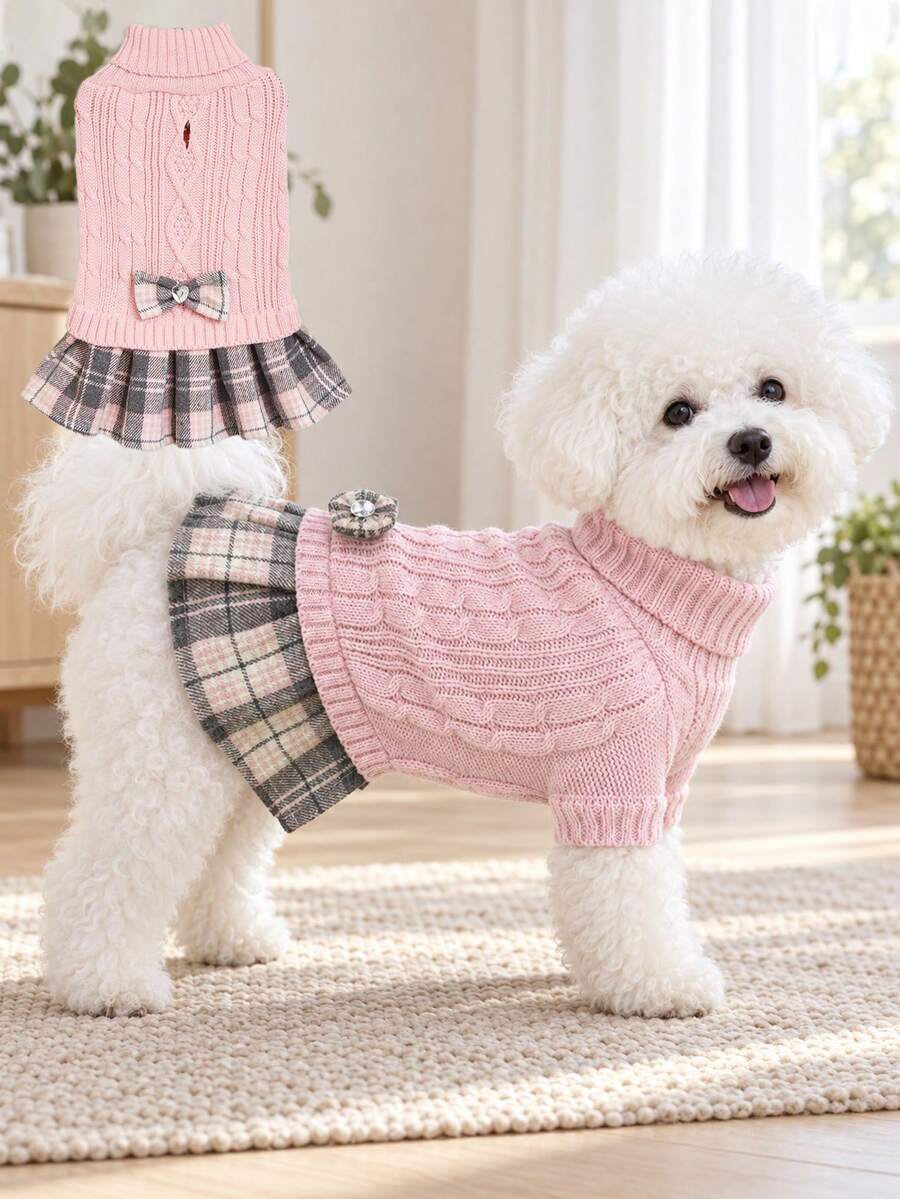 1pc Small Dog Sweater Dress, Warm High Neck Soft Knitted Clothing For Winter, Cute For Poodle, Yorkshire Terrier, Chihuahua