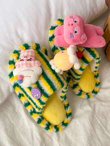 2026 New Cute Pattern Color Block Striped Slippers, Anti-Slip Warm Comfortable Fuzzy Shoes, Home, Couples, Versatile - Yellow - View 3