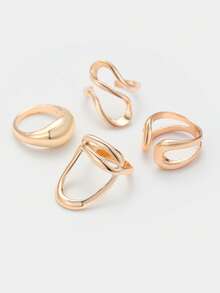 Sorayune 4pcs/Set Fashionable Bohemian Geometric Hollow Asymmetric Abstract Design Adjustable Gold Rings Set, Women Jewelry Accessories - Yellow Gold - View 8