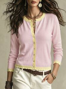 Plus Size Women's Autumn Outfit, Casual Pink Long Sleeve Cardigan Sweater, Yellow Ruffle Hem, Front Button Closure, Suitable For Back To School - Pink - View 3