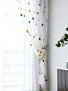 1pc Rod Pocket Triangle Print Sheer Curtain, Yellow & Black Geometric Pattern, Soft Diffused Light, Lively & Playful Kids Room Floor-Length White Sheer Curtain - White - View 7