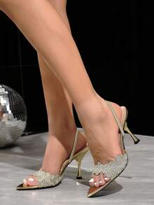 Women's Fashion Lace Embroidery Rhinestone Stiletto High Heel Sandals, Wavy Edge Pointed Toe Gold High Heels, Suitable For Wedding, Banquet, Party, Work, Gathering Occasions, Minimalist Mesh Design Women's Shoes - Gold - View 4