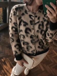 Women's Plush Leopard Print Cardigan, Autumn Long Sleeve Knit Button Sweater - Multicolor - View 6