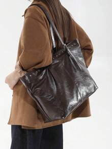 Women's Vintage Brown Oil Wax PU Large Tote Bag, Eyelet Rivet Decor Shoulder Bag, Adjustable Strap Large Capacity Shopping Handbag - Coffee - View 8