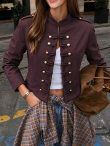 2026 Autumn New Women's Stand Collar Double-Breasted Gold Button Napoleon Style Jacket, Exquisite French Elegance, Suitable For Daily Commute And Streetwear - Burgundy - View 8