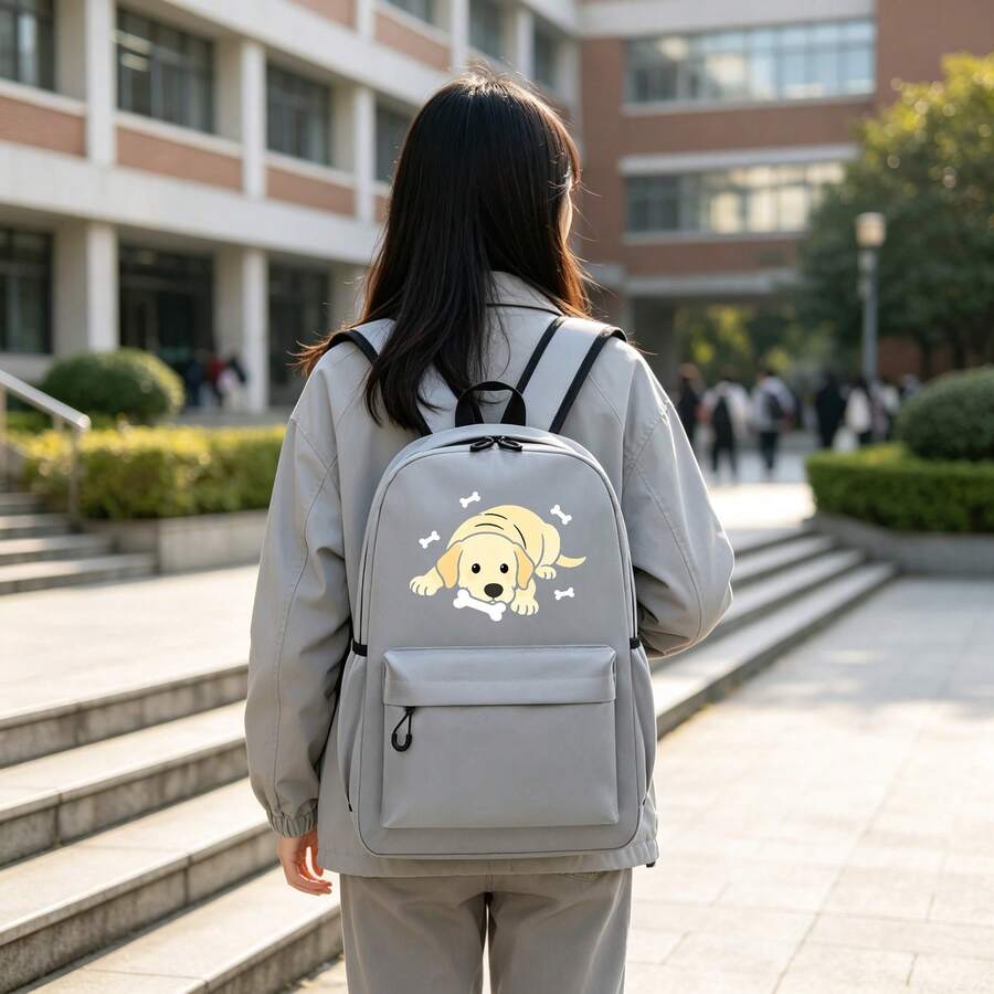 1pc 12*29*42cm Bone Puppy Print Backpack, Unisex Campus Backpack, Suitable For Short Trips And Daily Commute, Large Capacity Compartment For Laptop And School Supplies, All-Season Backpack