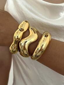 3pcs/Multi-Piece Stackable Fashion Minimalist Elegant Exquisite Vintage Design Geometric Ribbon Wave Exaggerated Wide Band Minimalist Plain Metal Style CCB Bracelet Set, Holiday Vacation Party Date Gift, Daily Commute Wear, Personalized - Yellow Gold - View 5