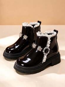 1 Pair Autumn/Winter Kids Thermal Lined Lace Trim Rhinestone Flower Buckle Decor Side Zipper Durable Thick Sole Girls Fashion Princess Boots - Coffee Brown - View 2