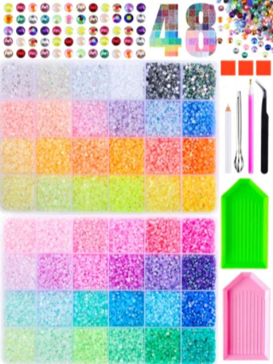 2Box 48 Grids Resin Flat Back Rhinestones Bedazzling Kit, Jelly Nail Art Gems Rhinestone Set With Pickup Tools With Picker Pen Tools Multi‑Color Bedazzling Crystals For Nail Decorations, Diamond Painting, Phone Case & Clothing DIY Crafts - Multicolor - View 1