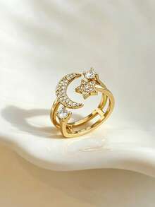 1pc Star & Moon Open Ring, Fashionable Design, Personalized, High-End, Elegant, Versatile, Adjustable Index Finger Ring, Suitable For Teenage Girls - Gold - View 1